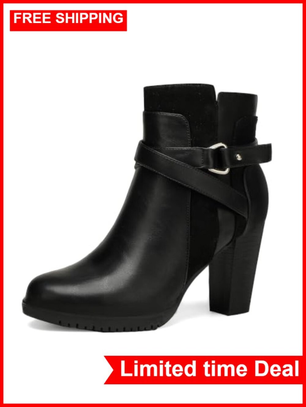 IDIFU Women's Ankle Boots Side Zipper Chunky Stacked Heel Booties Faux Leather